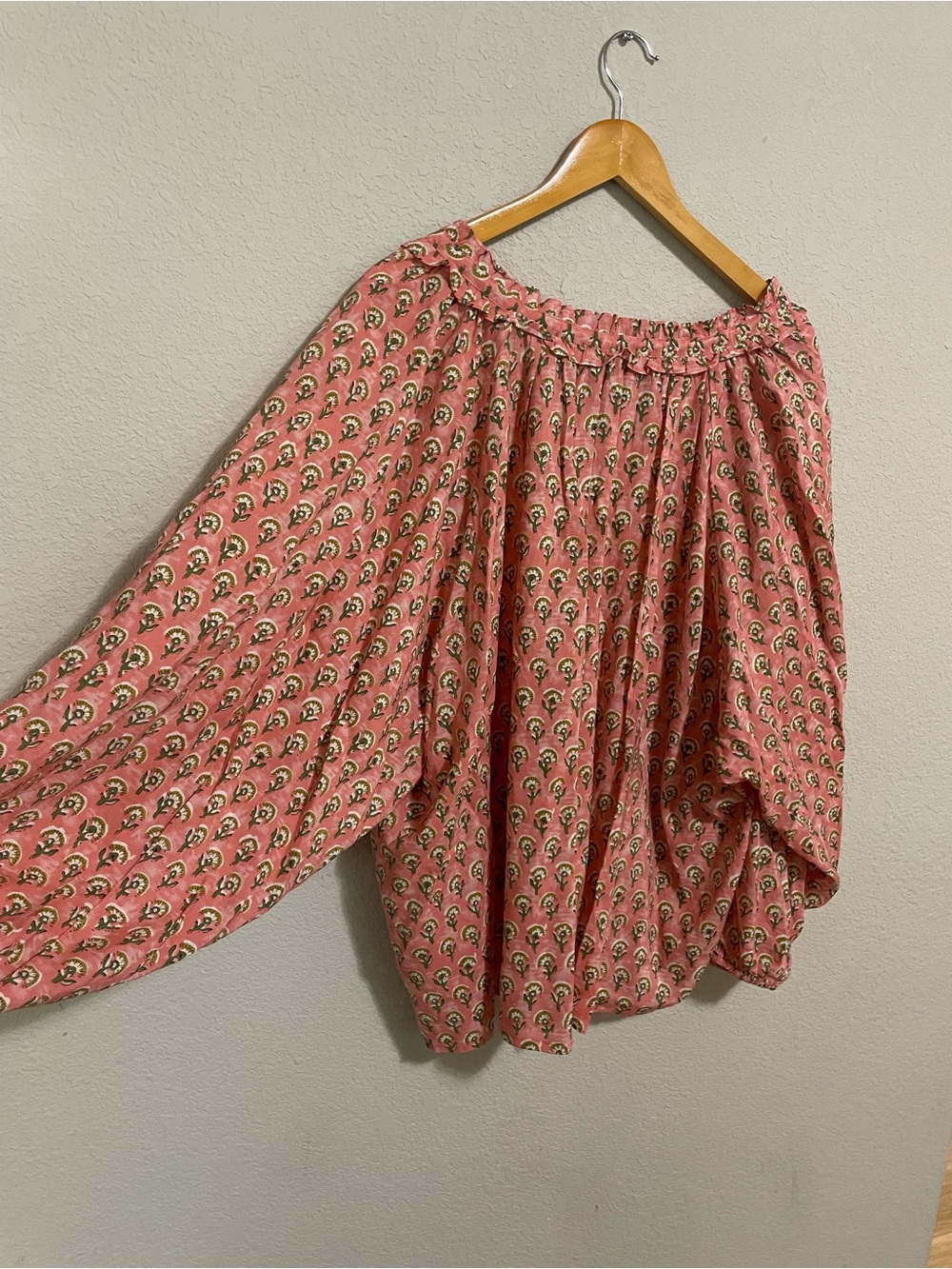 Gigio Pink Block-printed Cotton Peasant Top bohemian preppy coastal brunch - Picture 4 of 4